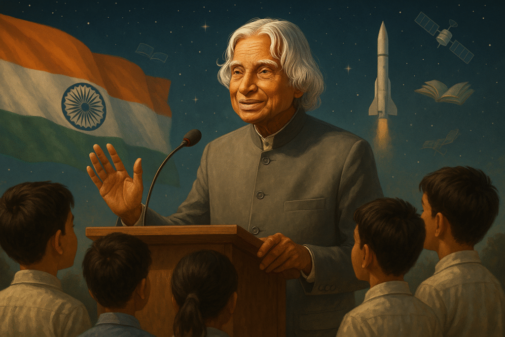 Dr. APJ Abdul Kalam delivering a motivational speech to young students, with the Indian flag and starry sky in the background, symbolizing dreams and aspirations.