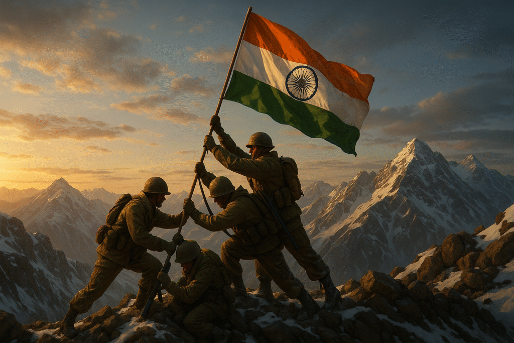 Kargil vijay Diwas - Indian soldiers plant the national flag atop snowy Tiger Hill at dawn, with rugged mountains and the tricolour waving against the golden sky.