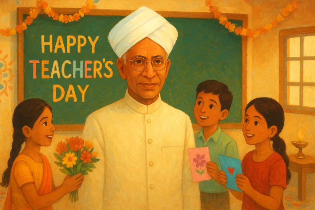 Digital illustration of Dr. Sarvepalli Radhakrishnan in white turban and traditional attire, surrounded by smiling Indian students offering flowers and greeting cards on Teacher’s Day, with a decorated classroom and a chalkboard reading ‘Happy Teacher’s Day.