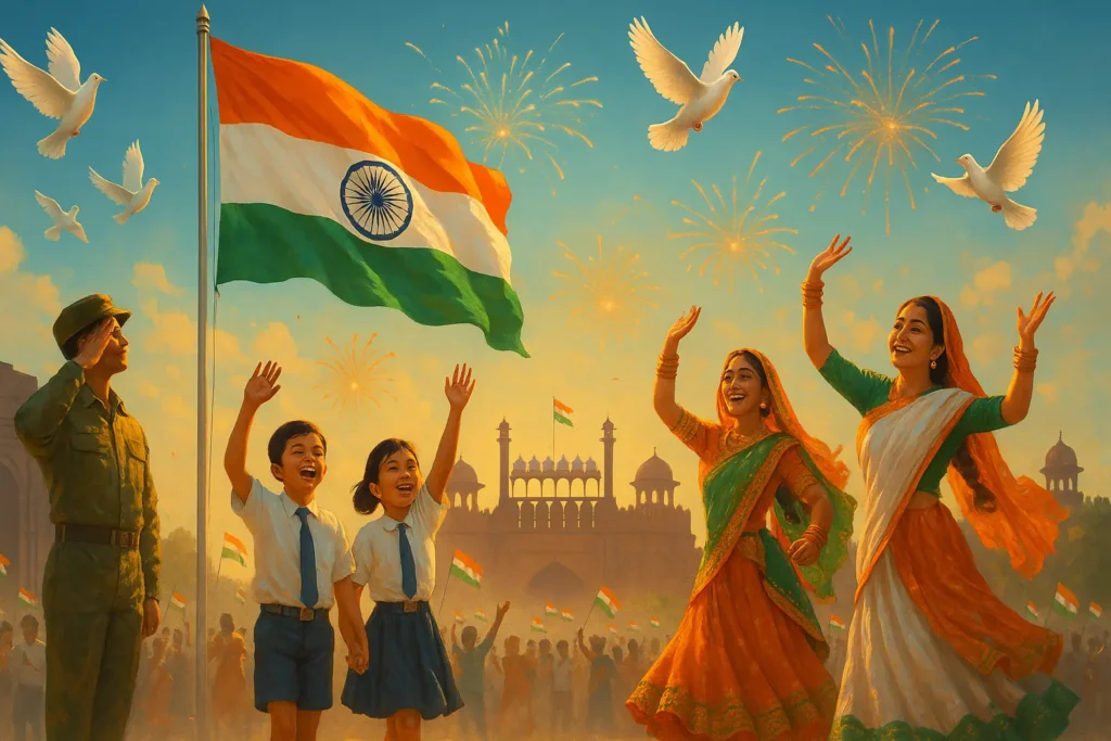 Indian Independence Day celebration with people cheering, dancing, and a soldier saluting the national flag, set against Red Fort with fireworks and doves in the sky.