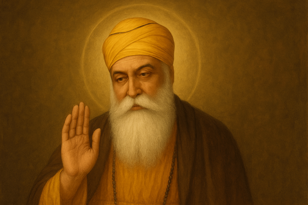 Inspiring Guru Nanak Jayanti Essay in Hindi | गुरु नानक जयंती का इतिहास, शिक्षाएँ और प्रेरणादायक संदेश 1 Guru Nanak Dev Ji realistic oil painting in golden turban and saffron robe, spiritual portrait with blessing hand and glowing halo, symbolizing Sikhism, peace, and divine wisdom