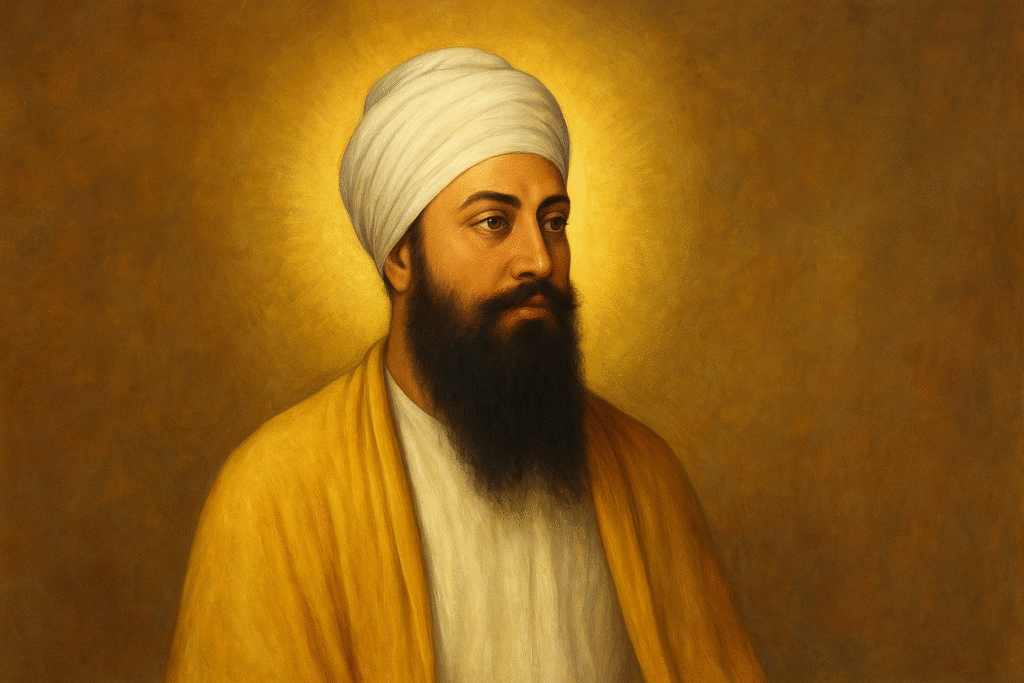 Portrait of Guru Tegh Bahadur Ji with a radiant golden halo, wearing a white turban and saffron robe, depicted in traditional Indian spiritual art style