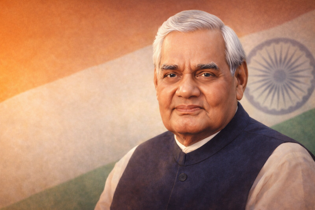 Atal Bihari Vajpayee portrait in 16:9 ratio, former Prime Minister of India, wearing Nehru jacket with Indian tricolor background