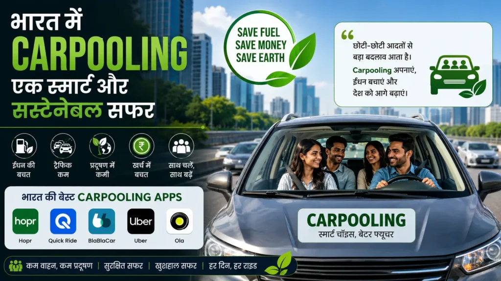 Narendra Modi के साथ भारत में carpooling awareness poster जिसमें fuel saving, traffic reduction, pollution control और Hopr, Quick Ride, Uber जैसी carpooling apps दिखाई गई हैं