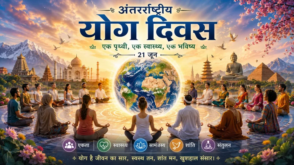 International Yoga Day 2026 – जानें थीम, इतिहास और जीवन बदलने वाला महत्व 1 People from diverse cultures sit in meditation around a glowing Earth, symbolizing global unity through International yoga day. Famous world landmarks and mountains appear in the background under a colorful sunrise sky. Large Hindi text reads “अंतरराष्ट्रीय योग दिवस” with the theme “एक पृथ्वी, एक स्वास्थ्य, एक भविष्य”.
