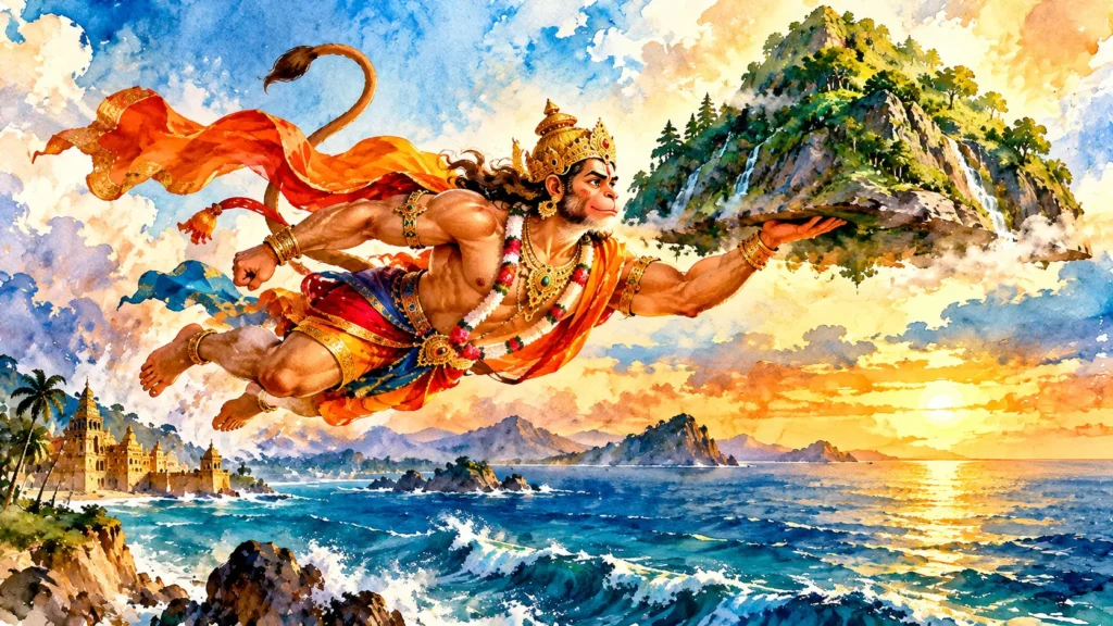 संजीवनी बूटी की कहानी: हनुमान जी हाथ पर पर्वत उठाकर आकाश में उड़ते हुए