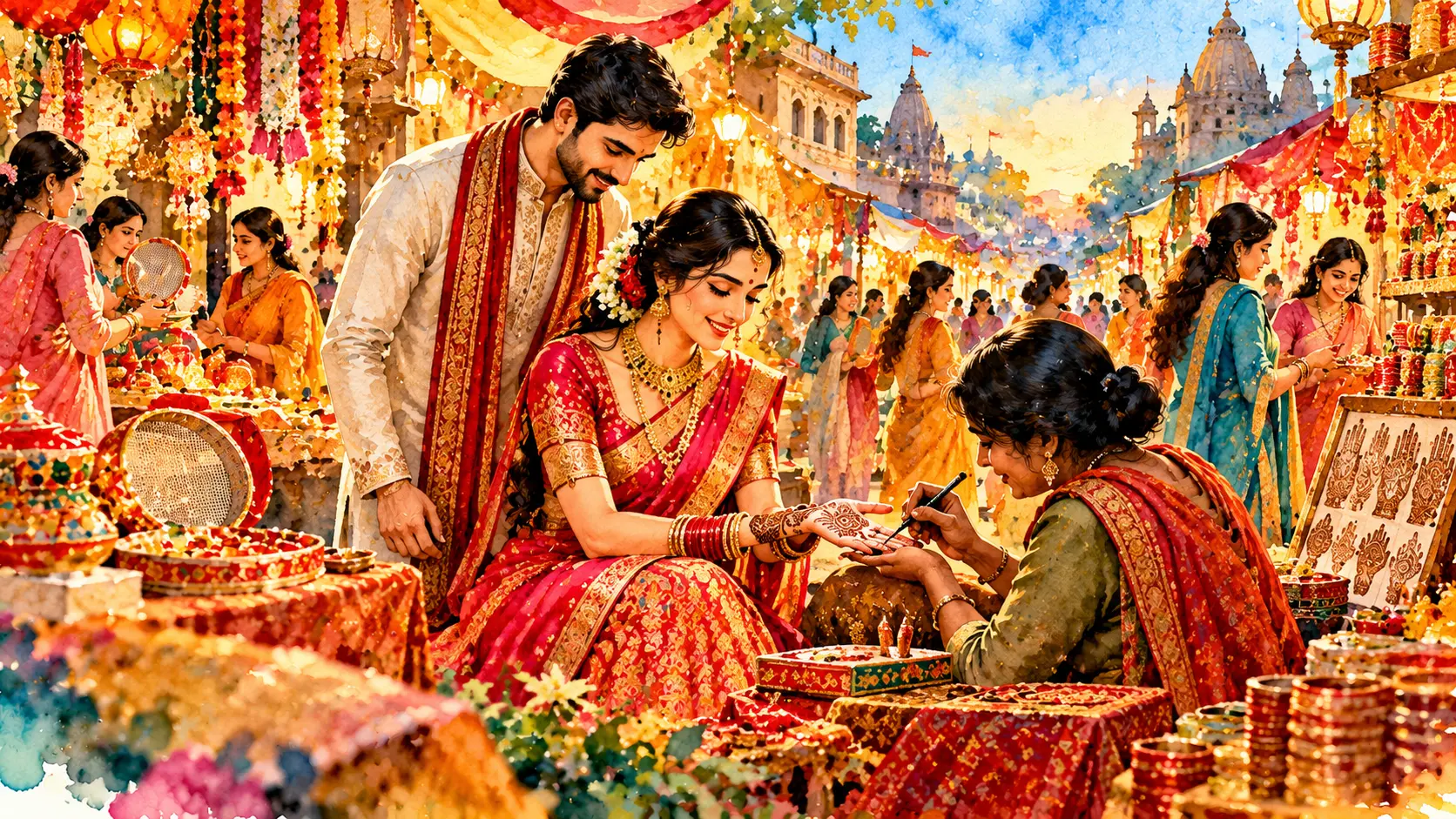 Karwa Chauth 2026 पूजा विधि के दौरान सजी हुई पूजा थाली, करवा, दीपक और चांद की रोशनी में भारतीय दंपति