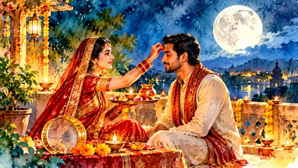 Karwa Chauth 2026 पर लाल साड़ी पहने महिला छलनी से चांद देखकर पति की लंबी उम्र की कामना करती हुई